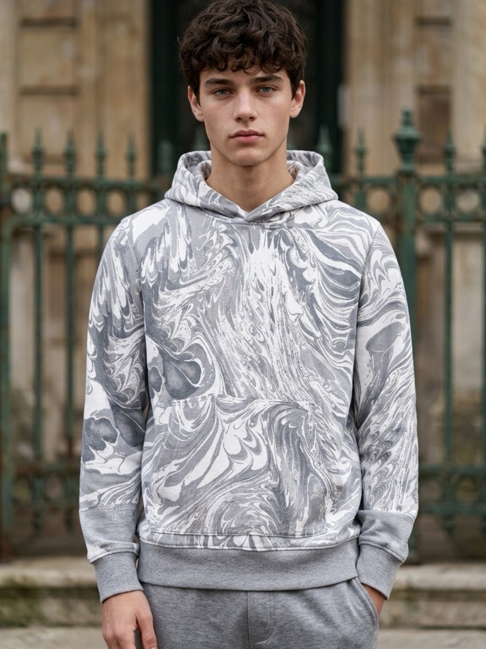 GAP Teen 14-16 Grey Marble-Print Hoodie Sweatshirt